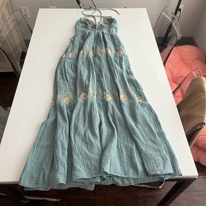 Blue Maxi Dress with Floral Embroidery